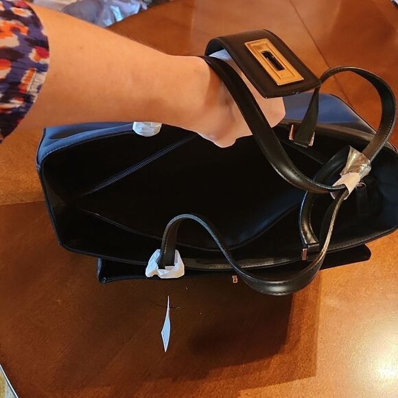 NEW DKNY Fabric Medium Travel Tote Tablet Bag Purse, Black & Silver Closure - Picture 6 of 16